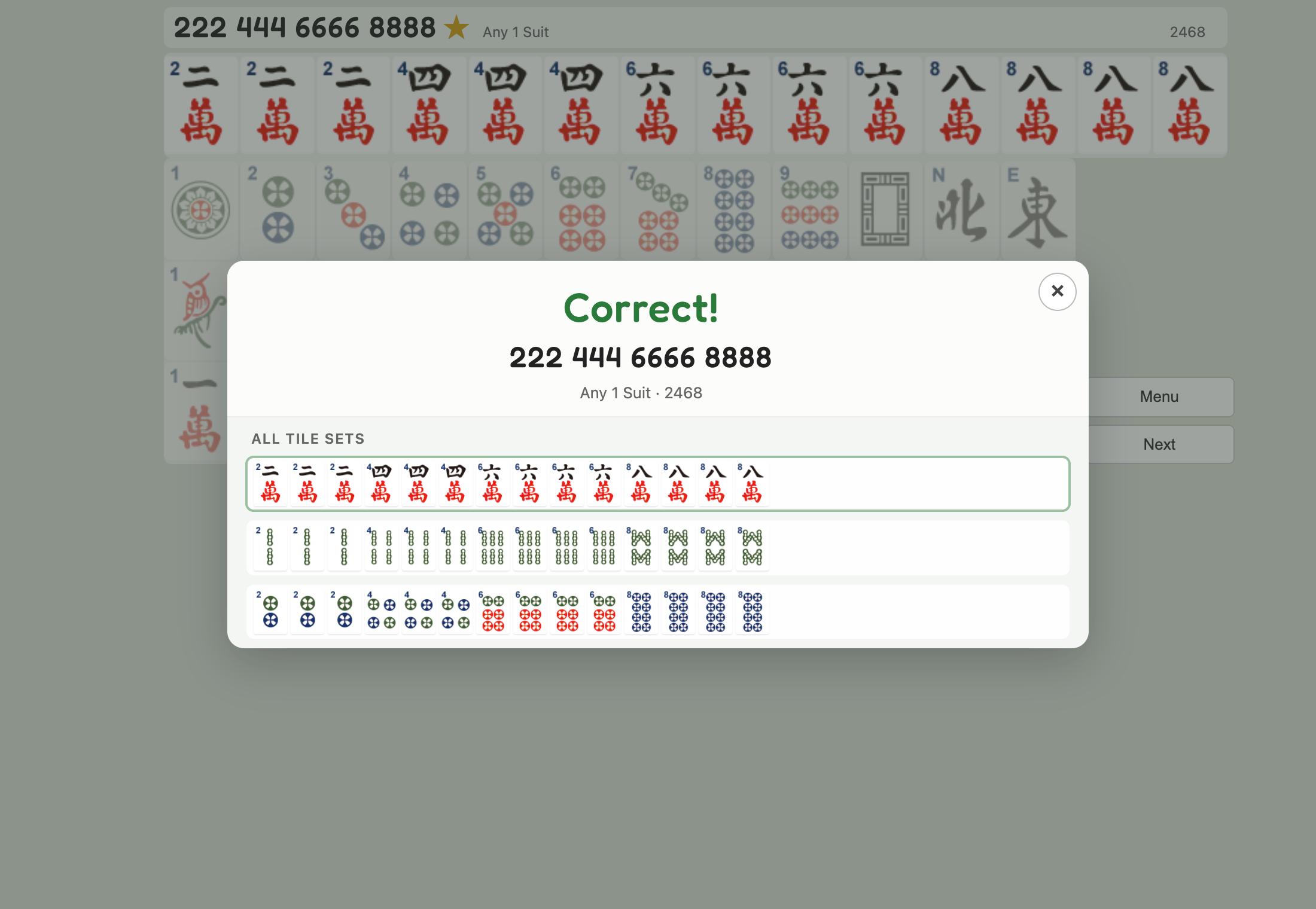 Correct screen listing every tile set for the hand, with the matching set marked