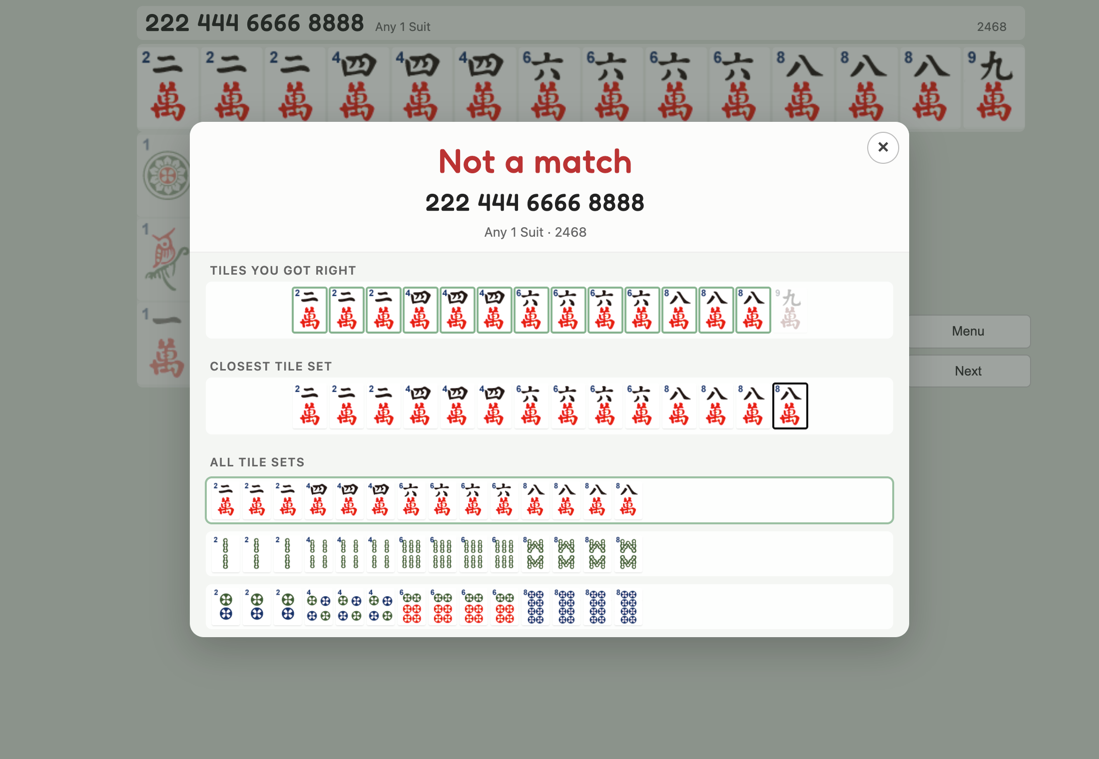 Not a match screen showing tiles that were right, the closest tile set, and every allowed set