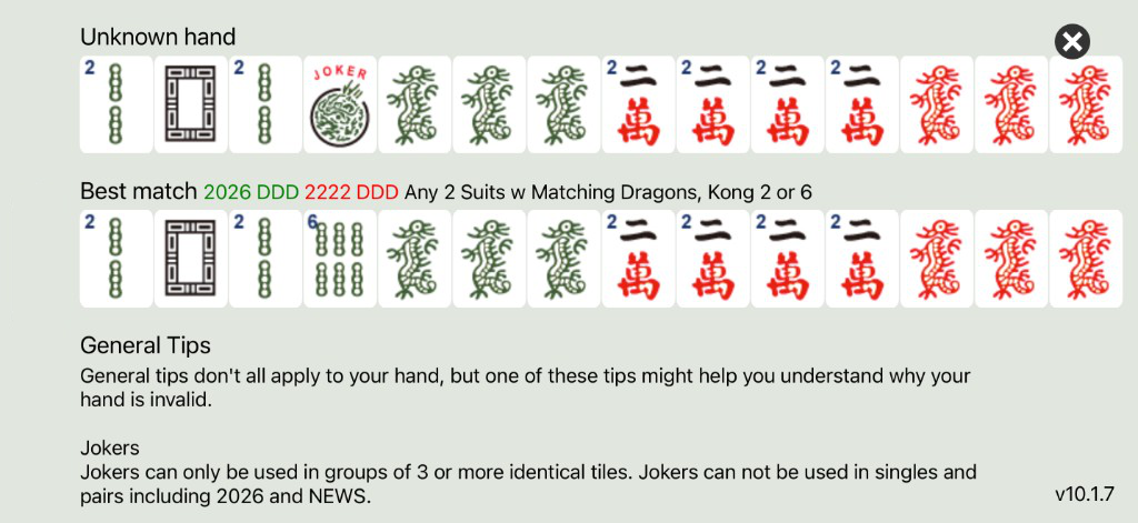 American Mahjong Practice coaching a player and correcting an illegal move