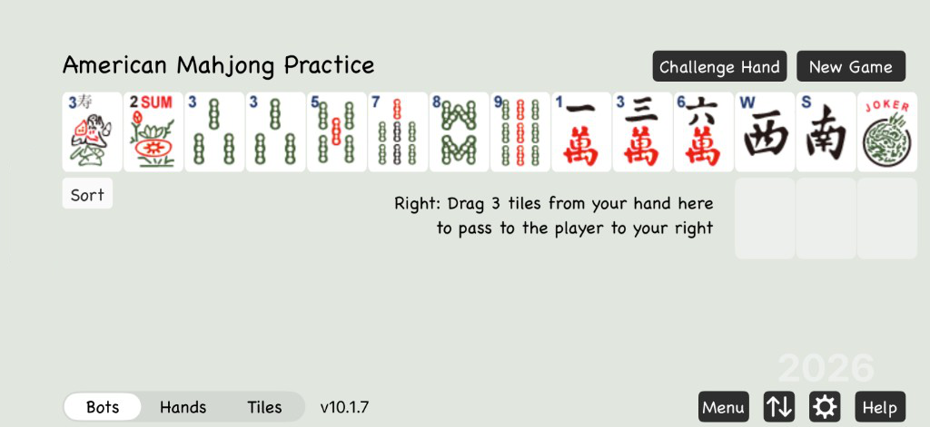 American Mahjong Practice gameplay showing a fast game in progress