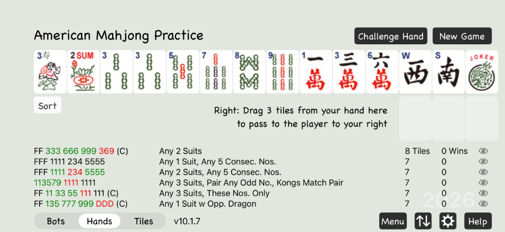 Matching Hands view showing closest match hands and overlapping hands for the 2026 NMJL card