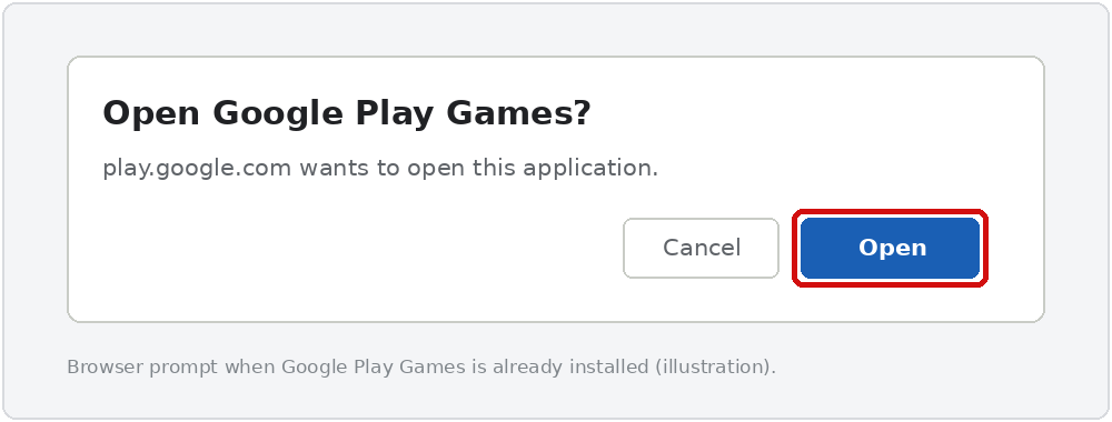 Browser prompt asking to open Google Play Games with the Open button highlighted
