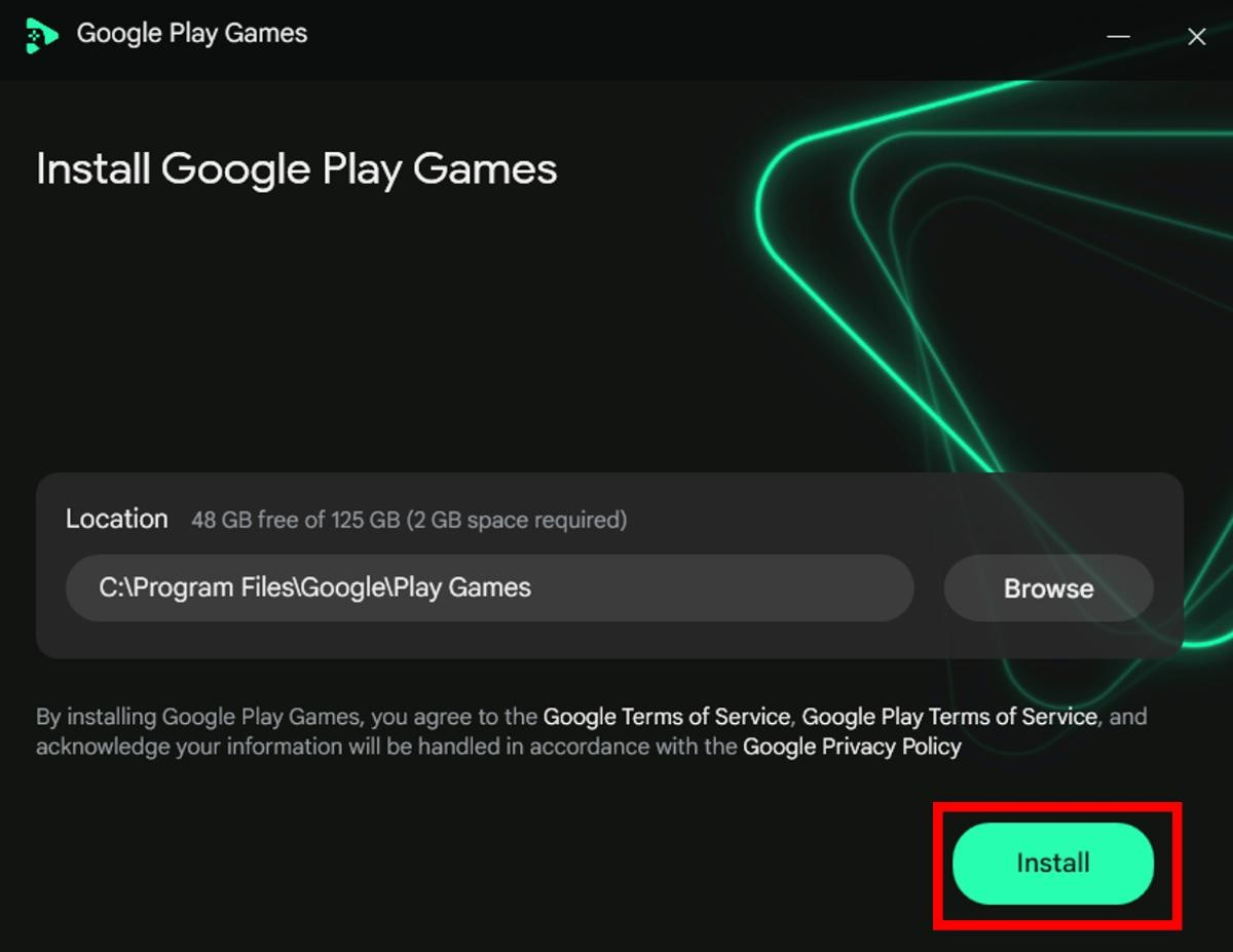 Google Play Games installer window with the Install button highlighted