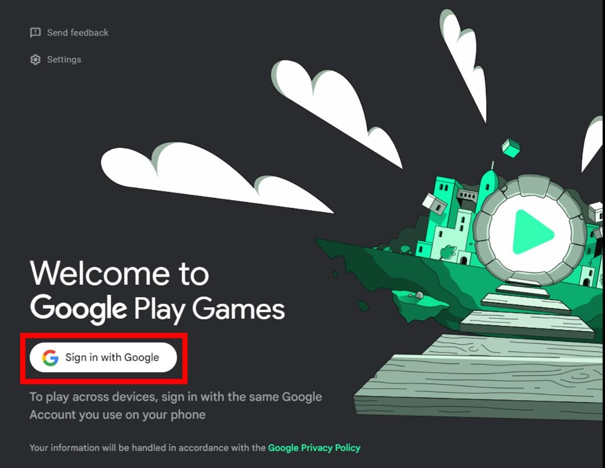Google Play Games welcome screen with the Sign in with Google button highlighted