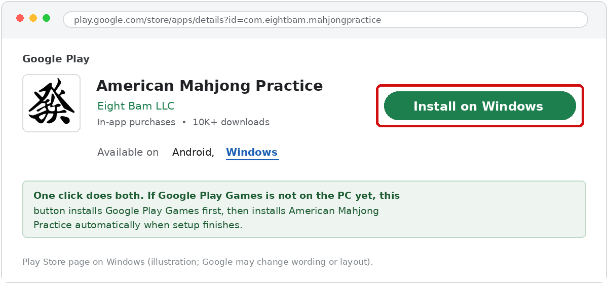 Play Store page for American Mahjong Practice with the Install on Windows button highlighted
